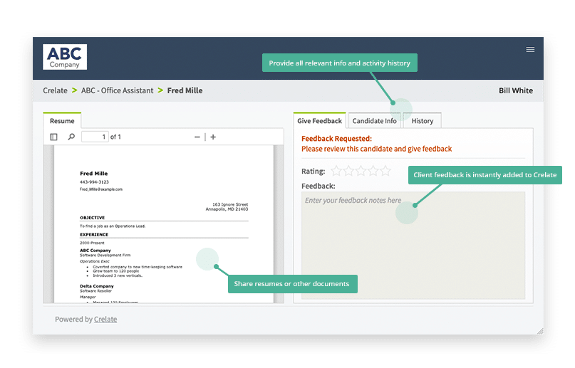 Crelate Client Portal Client Feedback Tool