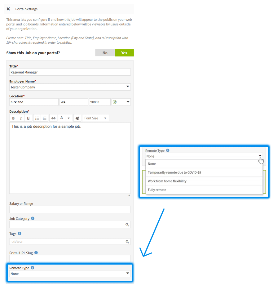 Screenshot of publishing type of remote job