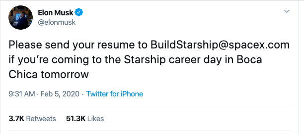 Elon Musk recruits via Twitter