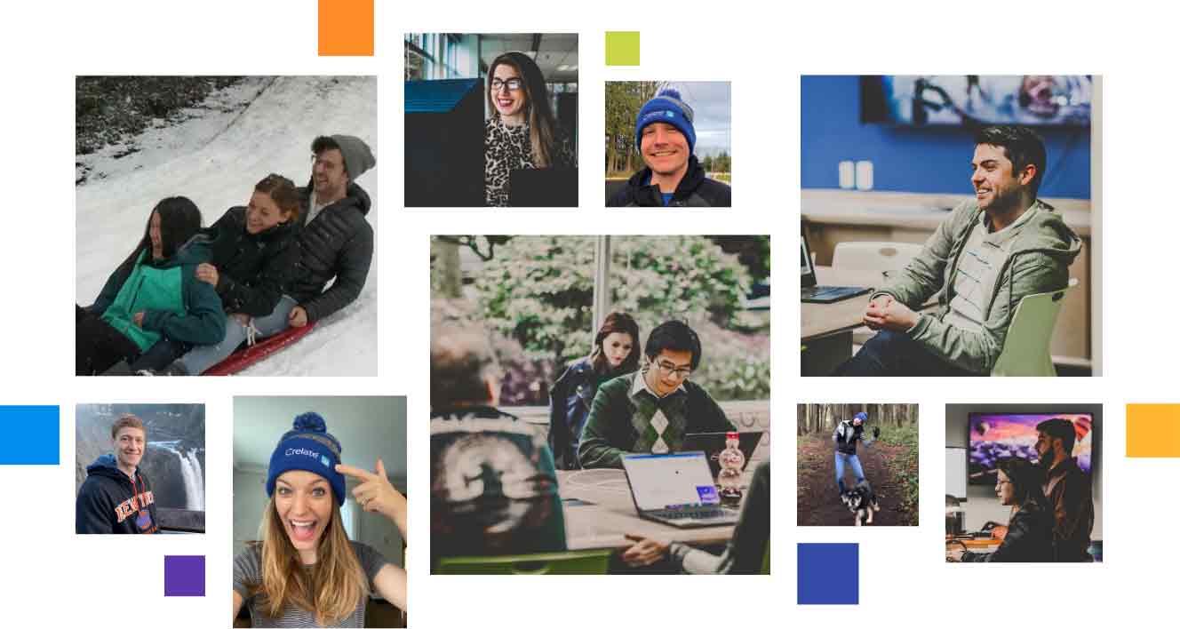 A collage of photos featuring people wearing beanie hats as a part of Crelate's branding campaign.