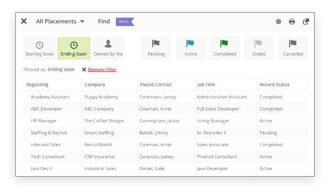 All Placements A screen shot of a Healthcare Staffing platform showing a list of employees.