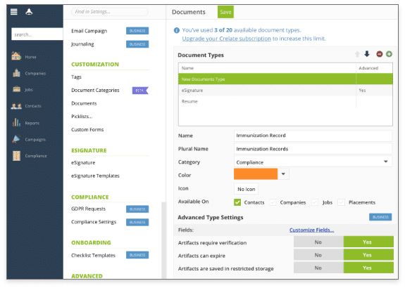 Document Types A screenshot of a healthcare staffing platform displaying various options.