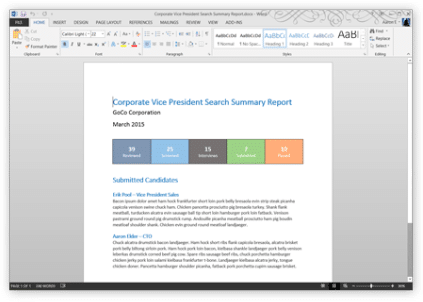A screen shot of the president search summary report in Microsoft Office for legal recruiting purposes.
