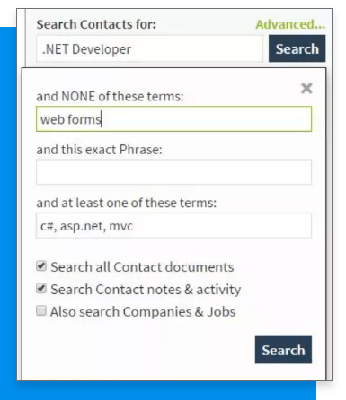 Search contact for advanced net developer form using candidate sourcing.