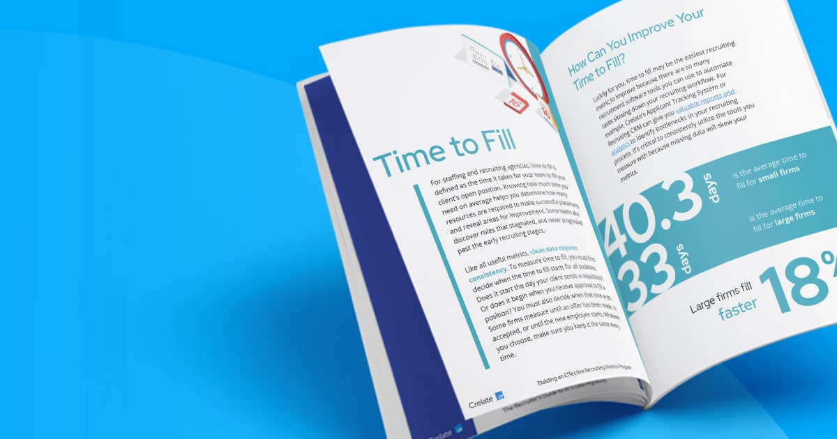 An open book providing guidance for an effective recruiting metrics program against a blue backdrop.