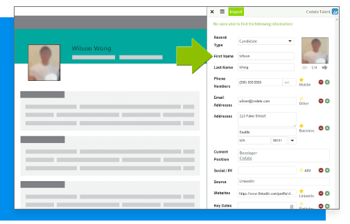 A screen shot of a web page with a green arrow pointing to an applicant's profile.