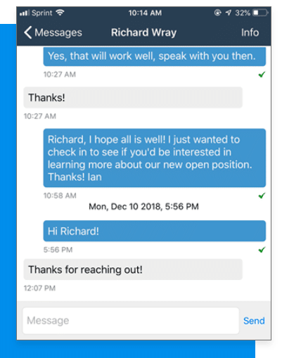 A screenshot of a text message from Richard Way regarding candidate sourcing.