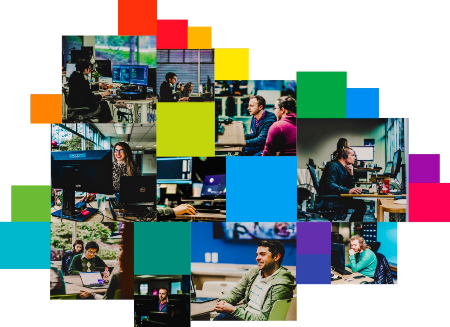 A collage of individuals displaying talent management and working on computers.