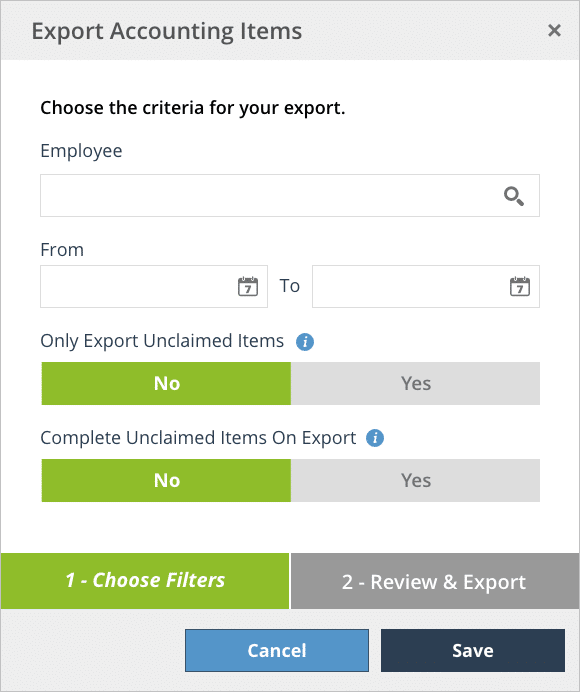 A screenshot of the payroll export screen for accounting items.