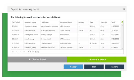 A screenshot of the accounting screen with export functionality.
