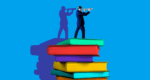 best executive search software success cover art - man with looking glass standing atop a stack of books with a pop art color application